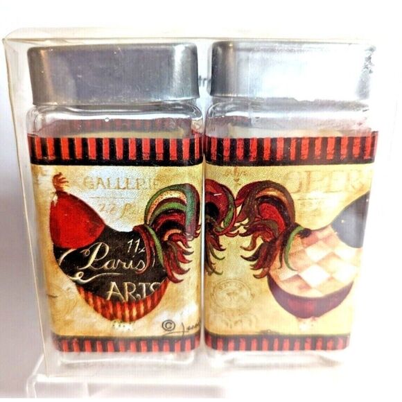Grant Howard Country French Rooster Salt and Pepper Shakers Glass Metal Lid NIB - Picture 5 of 7